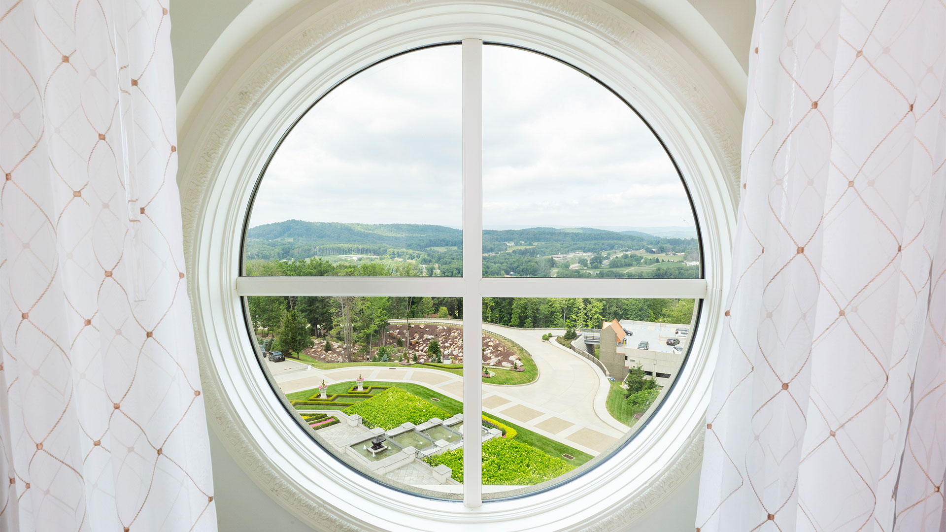 circular window overlooking the resort grounds