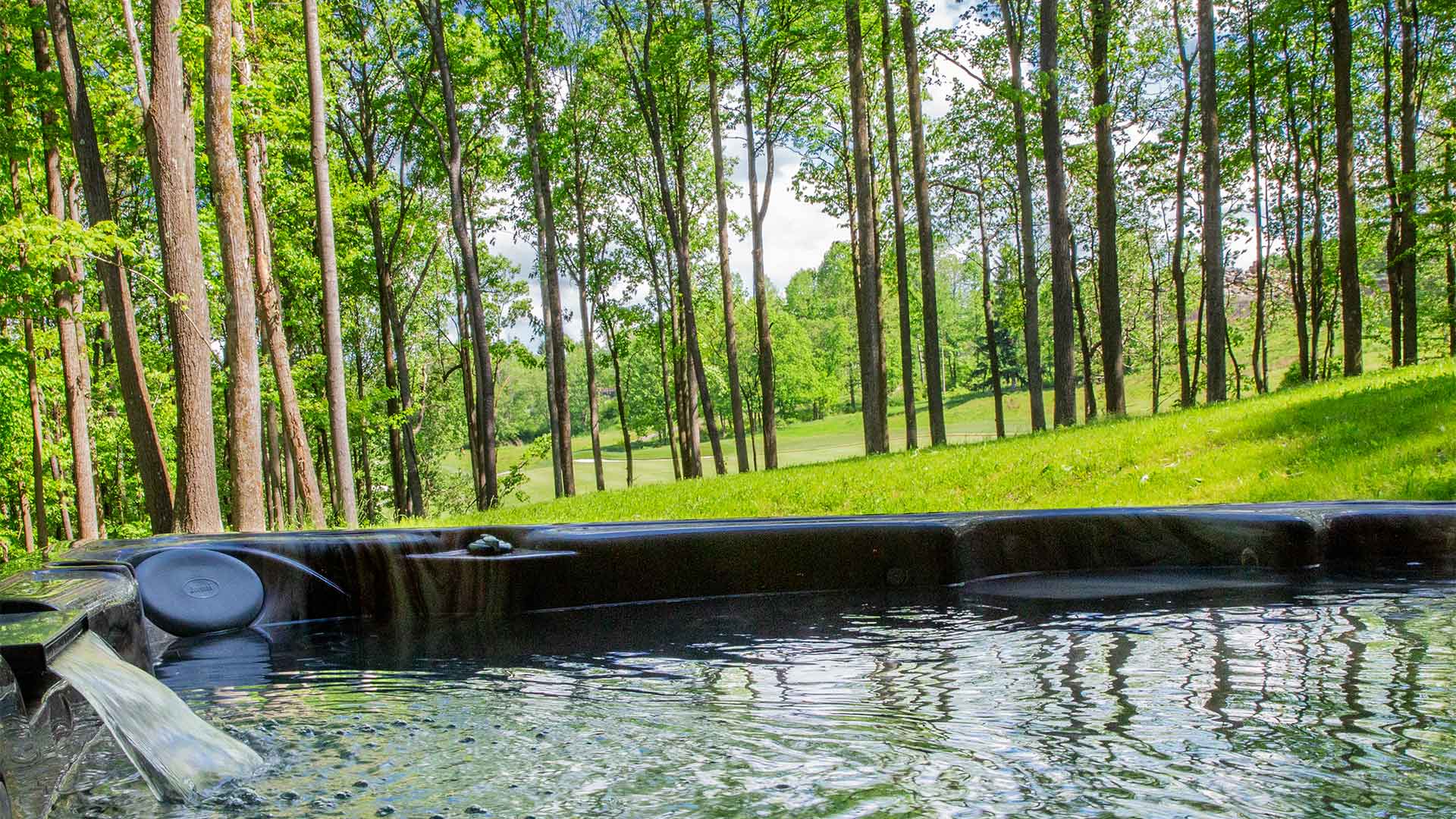 detail shot of a hot tub with lush green grass and trees in the background