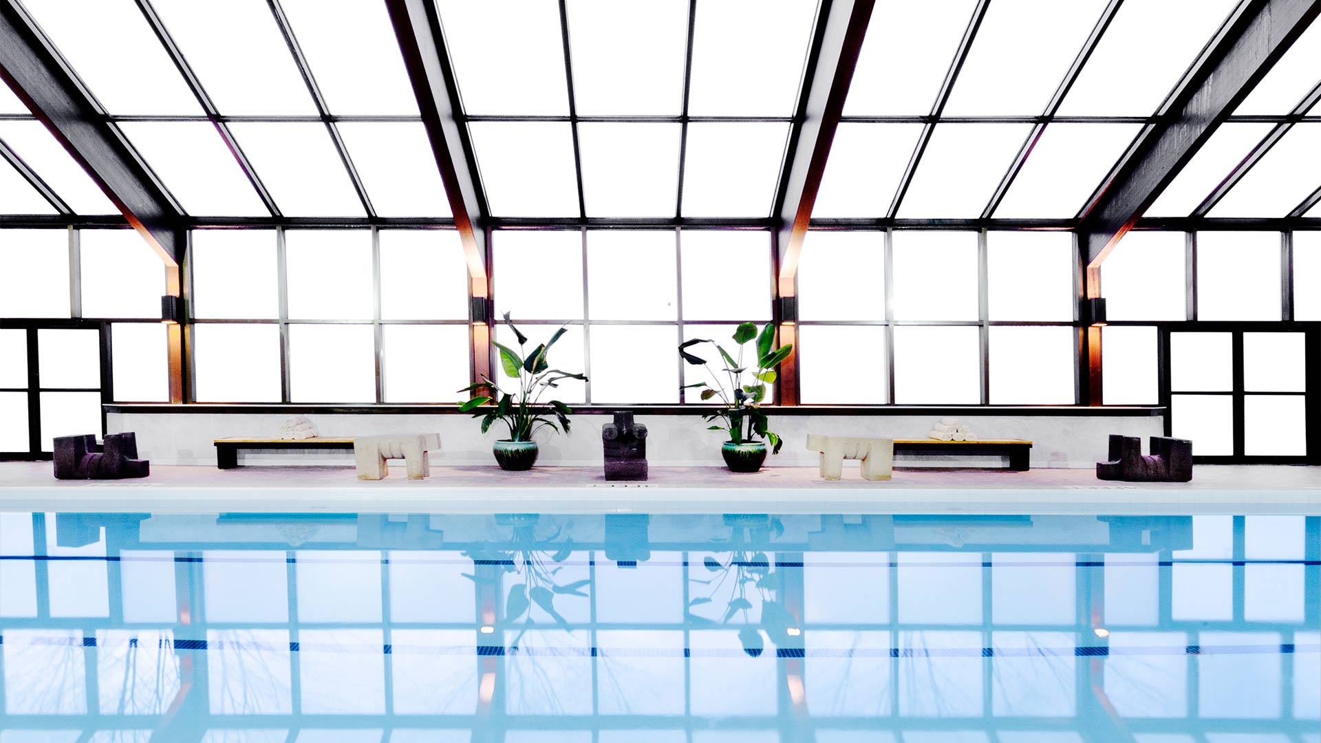 an indoor pool with ice blue water reflecting the light from the floor to ceiling window. There are benches and plants along the side of the pool