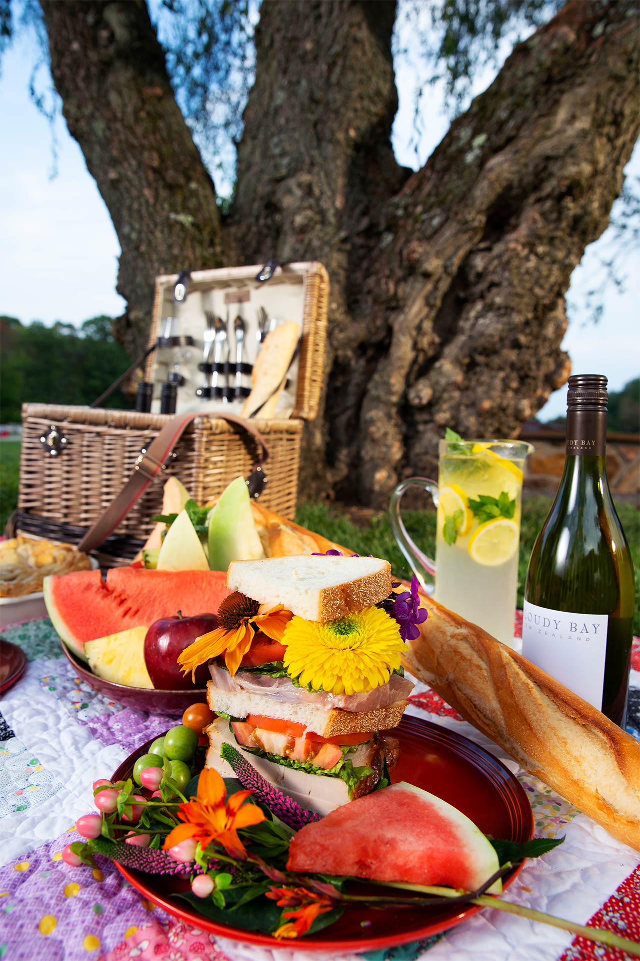 beautiful picnic with basket in front of tree