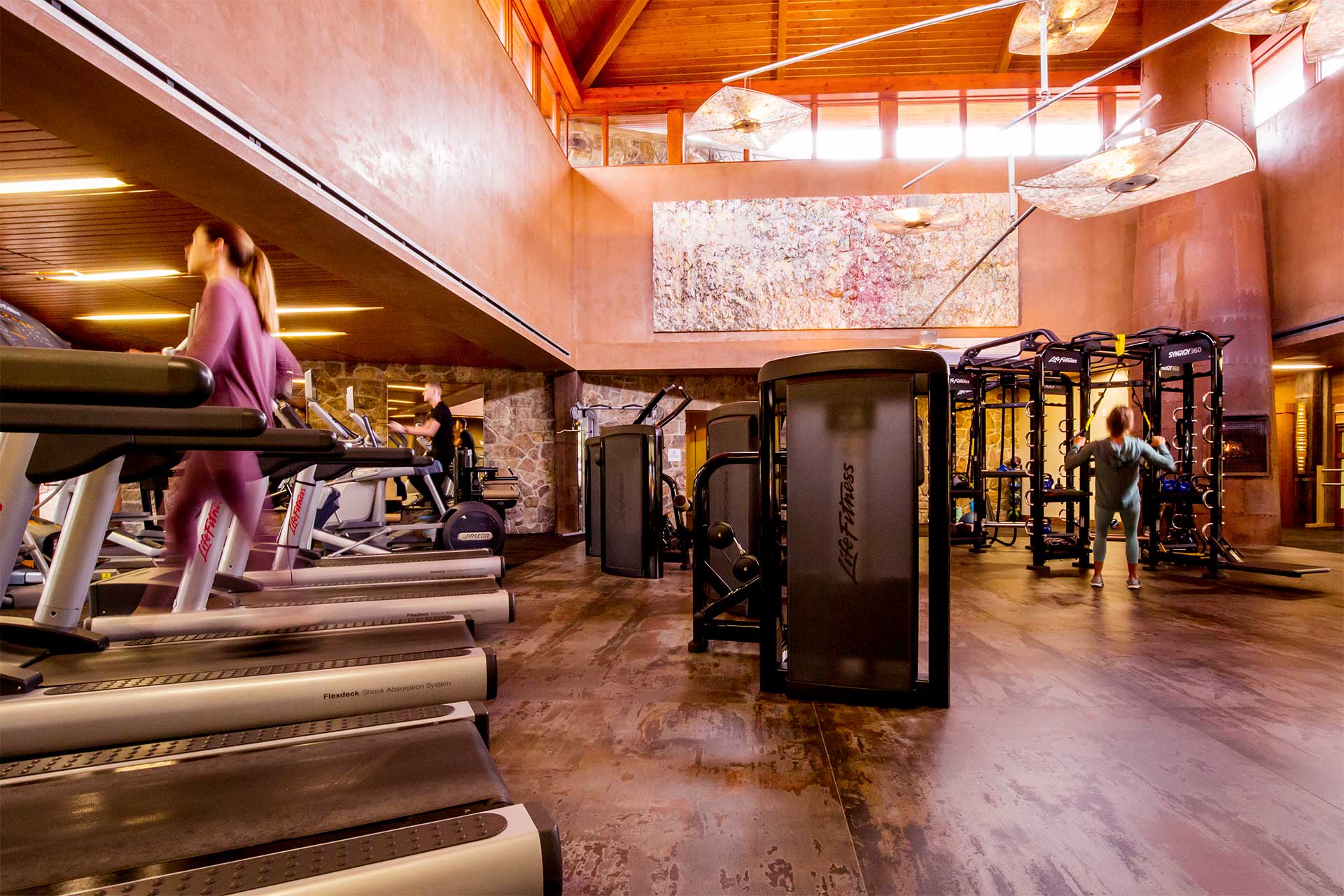 indoor gym with treadmills and weight machines